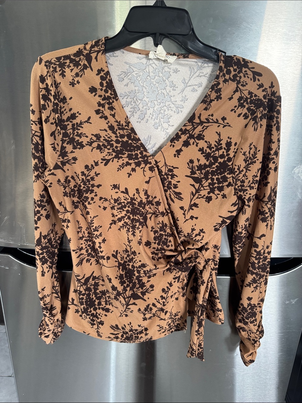 meraki Tan and Dark Brown Floral Wrap Blouse